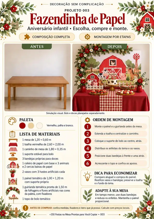 Projeto 003, festa com tema Fazendinha de Papel: antes e depois, lista de materiais e custo estimado