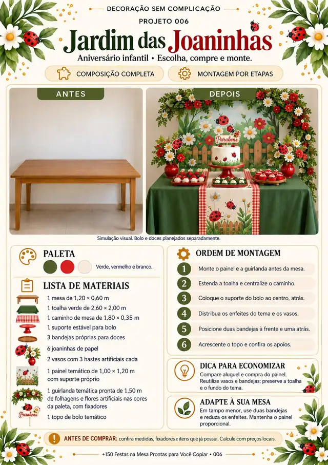 Projeto 006, festa com tema Jardim das Joaninhas: antes e depois, lista de materiais e custo estimado