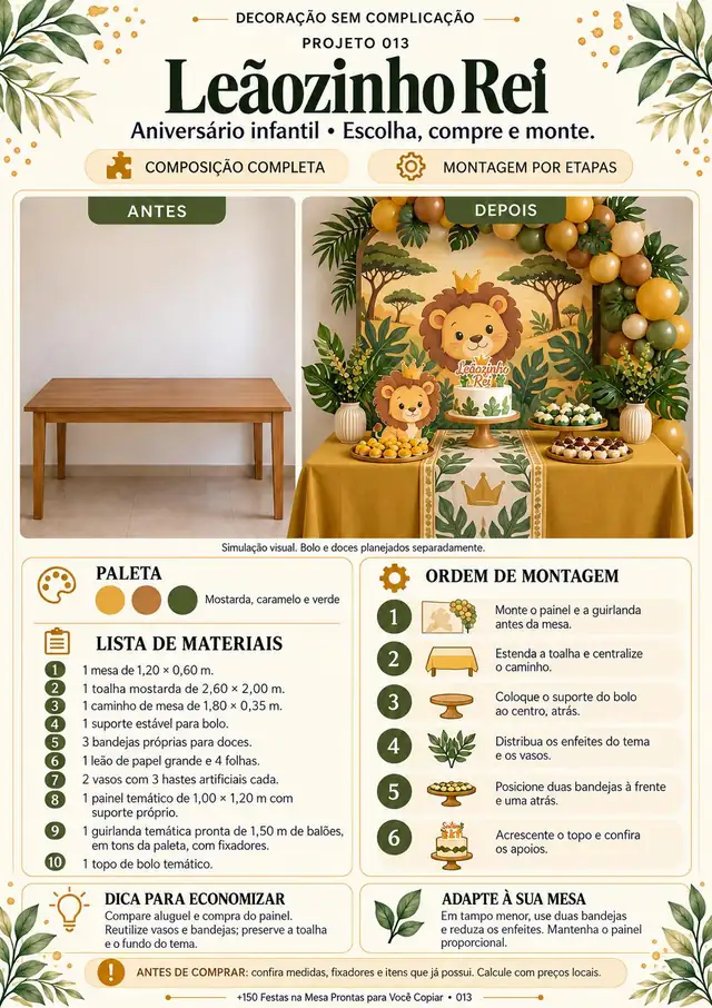 Projeto 013, festa com tema Leãozinho Rei: antes e depois, lista de materiais e custo estimado